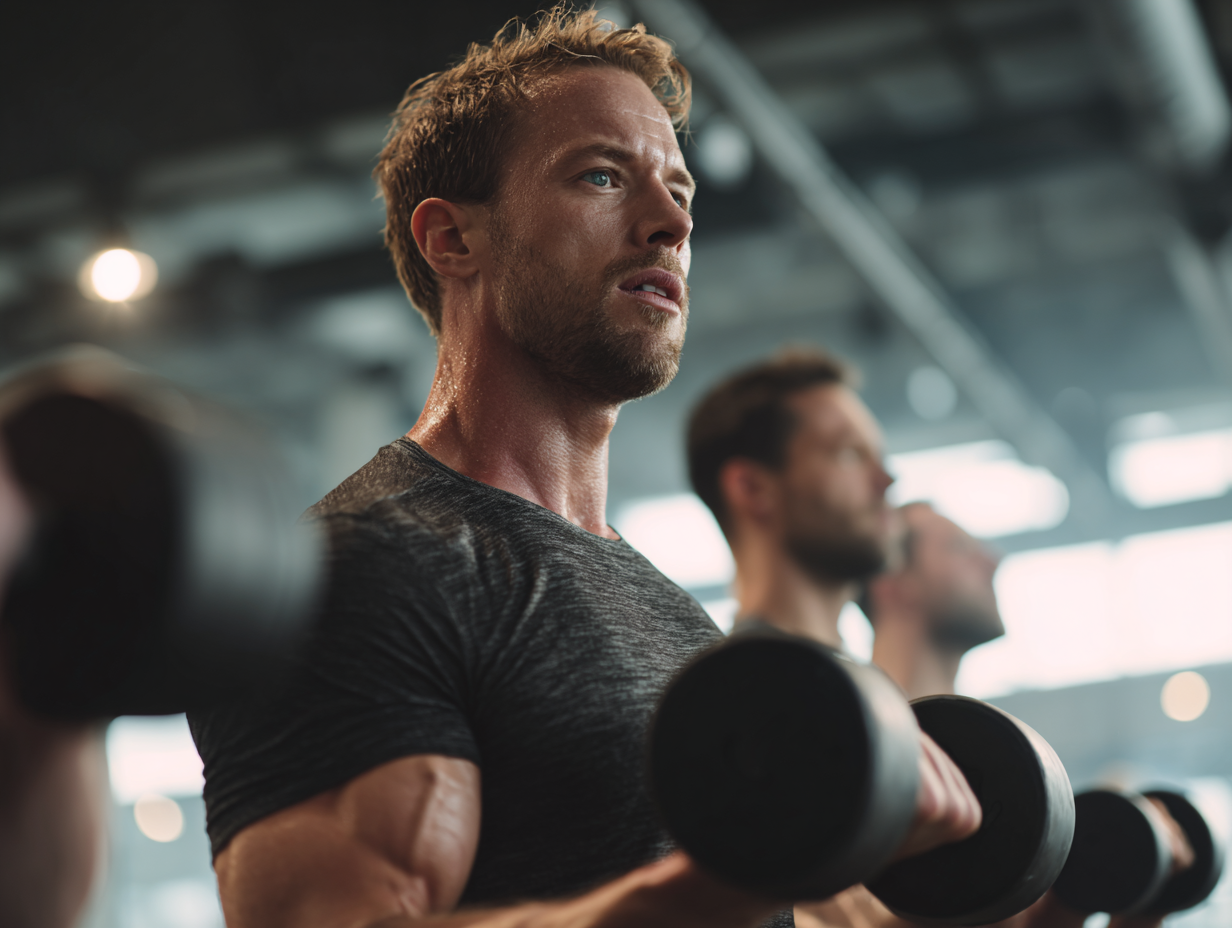 Чоловік виконує силові вправи в тренажерному залі